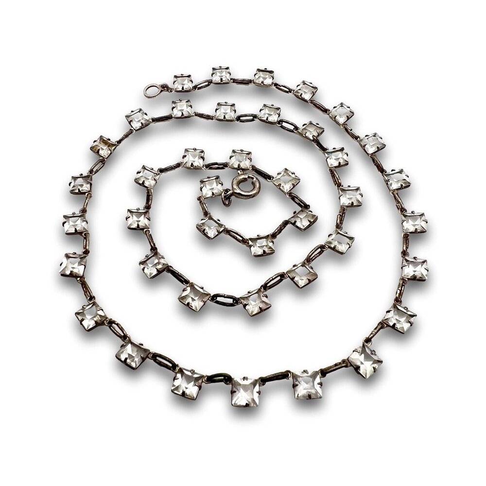 Antique Art Deco Dainty Sterling Silver Open Back Crystal Necklace - Picture 3 of 13